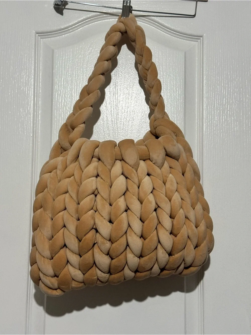 NEW Handmade Chunky Knit Crochet Trendy Velour Braided Shoulder Bag - Tan Nude